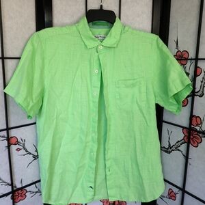 Tommy Bahama Lime Green 100% Linen Button Down Hawaiian Shirt Size Medium